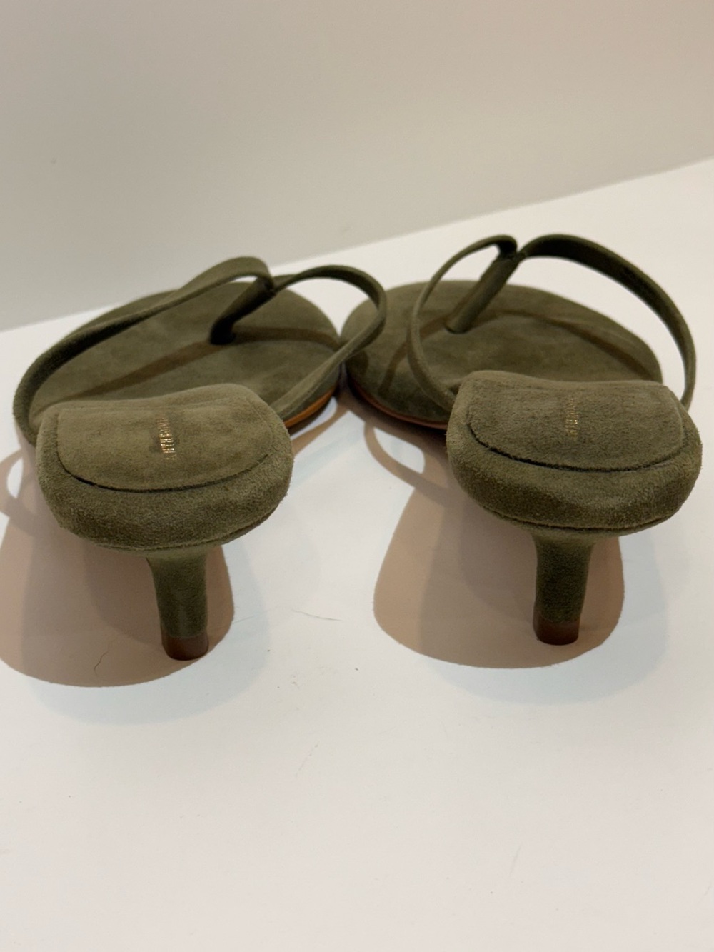 NWOB Anthropologie Olive Suede Slide Flip-Flop Kitten Heels - Picture 7 of 11